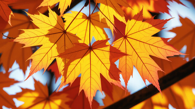 A close-up photograph of vibrant autumn maple leaves in rich orange and yellow hues, beautifully backlit by the sun, showcasing the natural beauty of the season