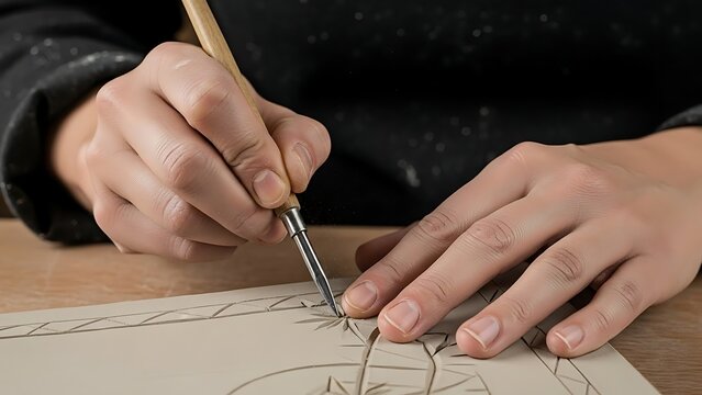 Skilled Hands Carving Intricate Patterns Into Ceramic Clay