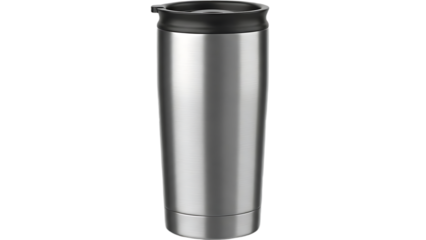 A stainless steel tumbler with a black lid isolated against a dark black background in a studio shot