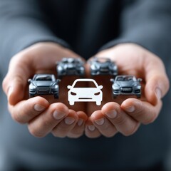 Car Insurance Concept - Hands Holding Miniature Cars with Vehicle Icon.