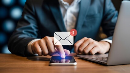 Digital Marketer Using Email Marketing Tools on Laptop and Smartphone for Campaign Analytics