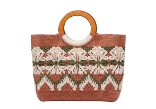 Isolated woven summer tote bag with wood handles, stylish ethnic style, fashion item