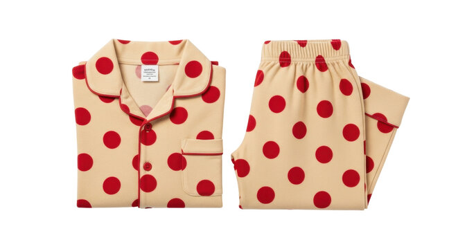 Isolated polka-dot pajamas set, long-sleeved shirt and long pants with red dots pattern