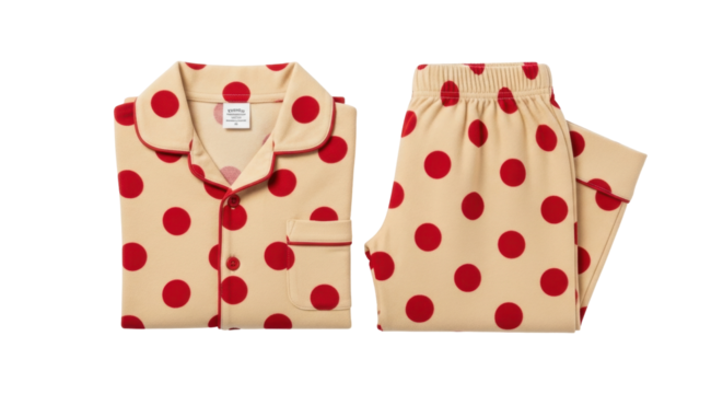 Isolated polka-dot pajamas set, long-sleeved shirt and long pants with red dots pattern