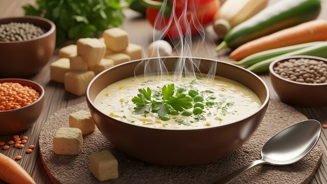 Creamy vegetable soup with fresh herbs and lentils