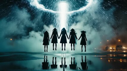 Eerie gathering beneath an otherworldly portal creates a sense of mystery and anticipation, perfect for fantasy, sci-fi, or supernatural themes