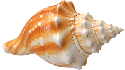 Close up of a conch shell with orange and white coloring against a black background in a studio shot