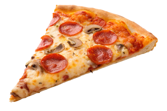 Slice of Pepperoni and Mushroom Pizza with Melted Cheese - Isolated on Black Background