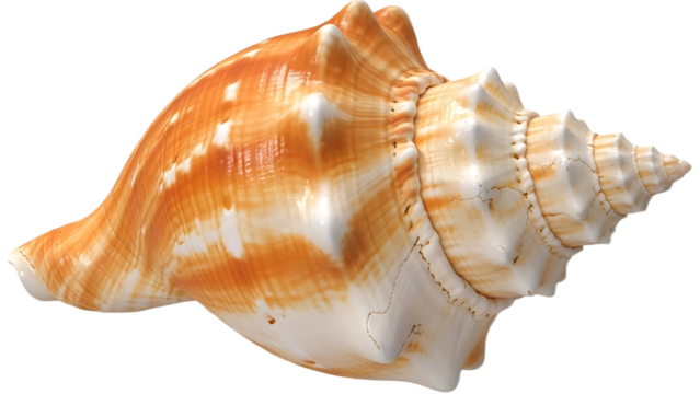 Close up of a conch shell with orange and white coloring against a black background in a studio shot