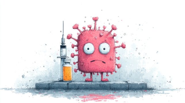 Cartoon virus character looking scared next to a vaccine syringe and vial, symbolizing vaccination and immunity.