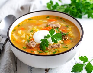 Bowl of steaming, savory soup with meat, noodles, carrots, topped with sour cream and parsley on a white wood surface