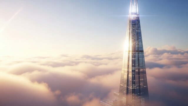 Modern glass skyscraper piercing illuminated clouds at golden hour, grand city landmark - Powered by Adobe