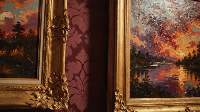 Vintage Frames with Sunset Landscape Paintings - This video shows three vintage ornate gold frames hanging on a patterned wall. The paintings depict sunset landscapes with trees and water reflections.