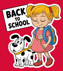 A cheerful girl with pigtails walks a happy dog, embodying the spirit of a joyful back-to-school season. The vibrant colors enhance the playful atmosphere of the scene.