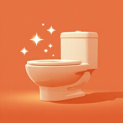 Clean Toilet Illustration with Sparkling Stars on Orange Background.