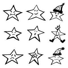 Hand drawn cartoon stars with expressive faces. Vector whimsical doodles for educational materials, emotion charts or playful decor