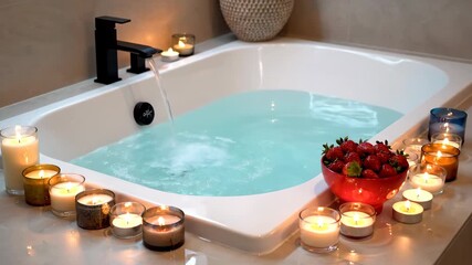 Relaxing spa getaway with warm bath, candles, and fresh strawberries creating a serene, luxurious experience perfect for wellness and self-care retreats