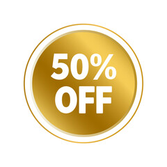 Elegant golden round badge with the text “50% OFF” in bold white letters. Discount label, premium sale sticker for marketing, promotions, seasonal offers, Black Friday, and holiday sales.