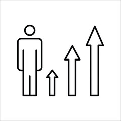 Outline icon symbolizing personal and professional growth, career advancement, and business success. A figure next to upward arrows represents increasing achievement