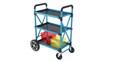 Isolated blue three-shelf utility cart for home and garden, rolling metal storage organizer trolley
