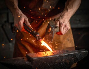 Close-up of a blacksmith shaping glowing hot metal on an anvil with a hammer, creating sparks in