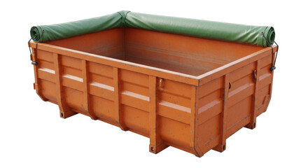 Isolated orange construction dumpster or waste skip with a green cover on its rim outdoors