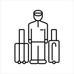 Line art illustration of a professional bellboy or luggage porter standing with two wheeled suitcases, symbolizing dedicated hospitality service and efficient travel assistance for guests