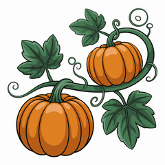 A colorful depiction of pumpkins nestled among twisting green vines, capturing the essence of autumn and the harvest season in a visually appealing way.