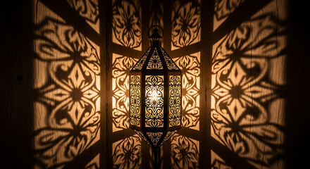 Ornate lantern casting intricate shadows on a textured wall creating a warm and decorative light