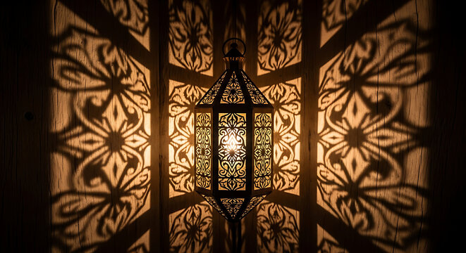 Ornate lantern casting intricate shadows on a textured wall creating a warm and decorative light