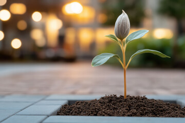 Young green seedling with a closed flower bud emerges from a small patch of rich soil within grey pavement blocks, symbolizing growth, new beginnings, and hope in a modern urban landscape
