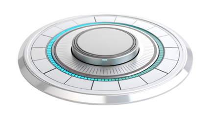 Modern 3D metallic control knob with glowing cyan digital indicators for futuristic technology interface isolated on transparent background