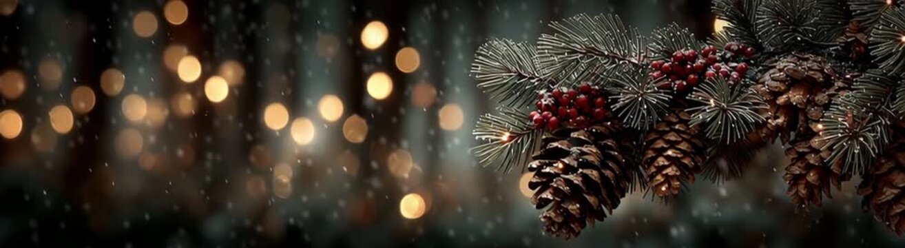 pine branches with pinecones and red berries against softly glowing lights and falling snow in festive winter scene