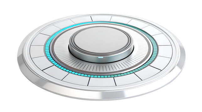 Modern 3D metallic control knob with glowing cyan digital indicators for futuristic technology interface isolated on transparent background