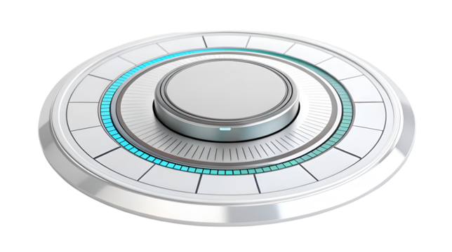 Modern 3D metallic control knob with glowing cyan digital indicators for futuristic technology interface isolated on transparent background