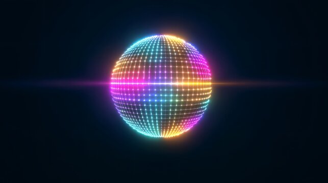 Spherical grid with colorful glowing lights. Digital particle network and big data visualization. Abstract technology background with lens flare.