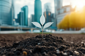 Small green plant with three leaves emerging from fertile soil, symbolizing environmental growth and sustainable future within a modern urban backdrop during golden hour
