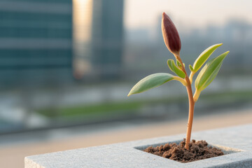 Plant bud emerging from soil in a concrete planter, representing new life, growth, and hope against an urban background with blurred buildings suggesting a sustainable future