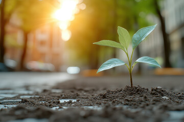 Sapling emerging from rich soil on an urban street, bathed in warm sunlight, symbolizing hope, new life, growth, and environmental renewal in a city landscape