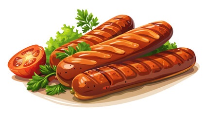 Very beautiful semi-realistic vector illustration of grilled pork sausages, showing perfectly cooked, golden-brown sausages with detailed texture, separated individually on a clean white background fo
