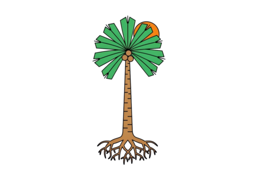 Isolated tropical palmetto tree with roots and sun, symbolizing summer travel and nature