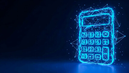 Digital polygon calculator glowing with blue light, representing futuristic finance, precise calculations, data analytics, and modern technology. 3d rendering.