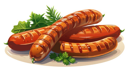 Very beautiful semi-realistic vector illustration of grilled pork sausages, showing perfectly cooked, golden-brown sausages with detailed texture, separated individually on a clean white background fo