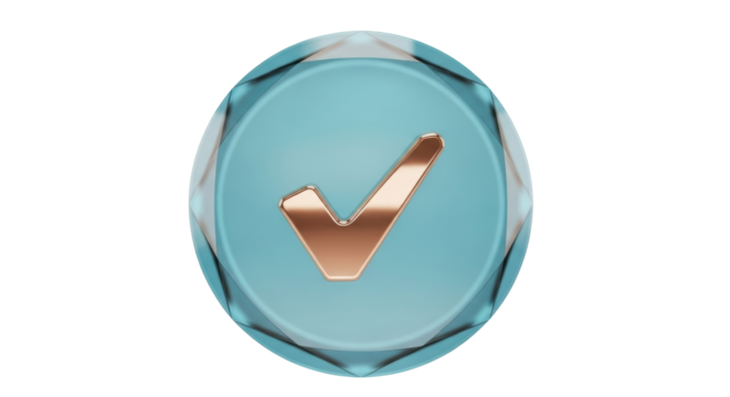 Isolated 3D render of faceted light-blue button with gold checkmark icon inside, digital art