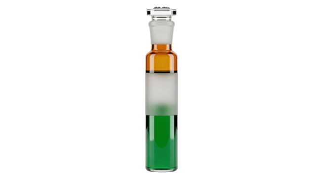 Isolated laboratory glass with colored liquids inside, chemical experiment concept design