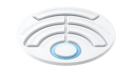 Modern 3D wireless internet signal strength icon rendered in white with glowing blue accents isolated on transparent background.