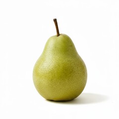 A fresh green pear with smooth skin and a curved stem isolated on white background. The fruit stands upright and casts a soft shadow, symbolizing healthy eating and freshness.