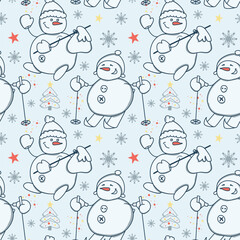 A seamless pattern with snowmen. One snowman is on skis, the other is carrying a sack of presents. The background features snowflakes, stars, and a Christmas tree