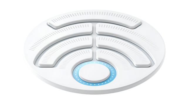 Modern 3D wireless internet signal strength icon rendered in white with glowing blue accents isolated on transparent background.
