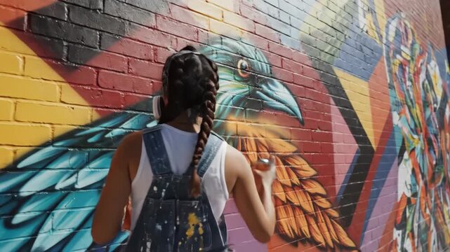 Artist Painting Mural on Brick Wall - A young artist wearing a face mask and overalls is shown painting a colorful mural of a bird on a brick wall.
